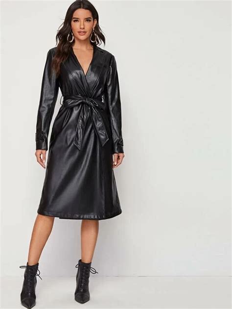 Shein Notch Collar Self Belted Pu Leather Coat Leather Dresses Long