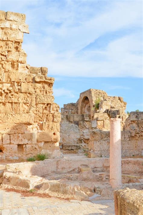 Vertical Picture Of Famous Salamis Ruins Taken On A Sunny Day With Blue