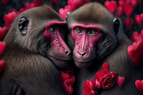 Valentines Day Cuddling Animals Baboon Couple4 Generative Ai Stock