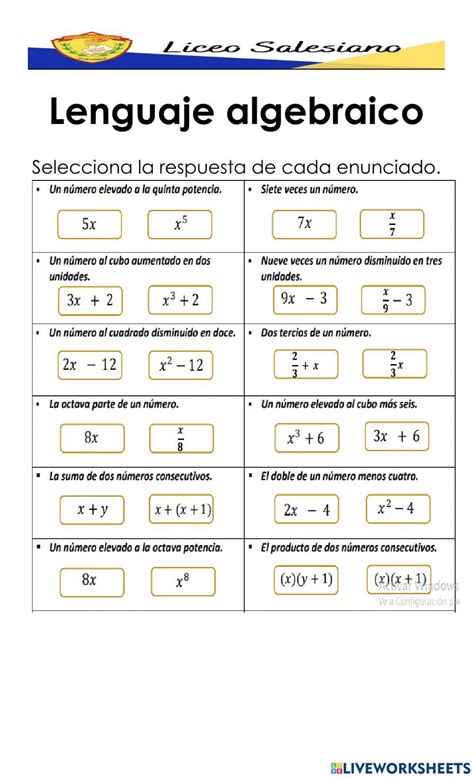 Lenguaje Algebraico Lenguaje Algebraico Lgebra Material Didactico The