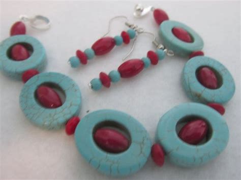 Blue Turquoise And Red Coral Bracelet And Earring Set Magnesite