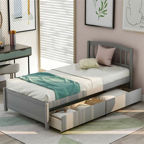 twin size platform bed storage bed wood bed frame with 2 drawers and headboard no box spring