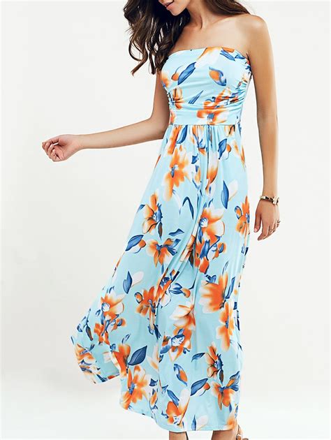 OFF Beach Maxi Floral Bandeau Strapless Summer Dress In LIGHT BLUE DressLily