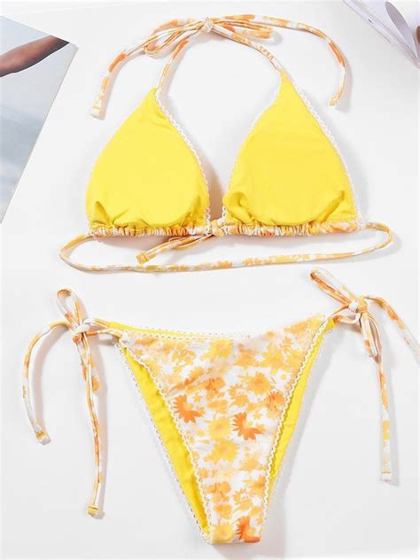 Emmiol Free Shipping 2023 Lace Trim Floral Bikini Set Yellow M In