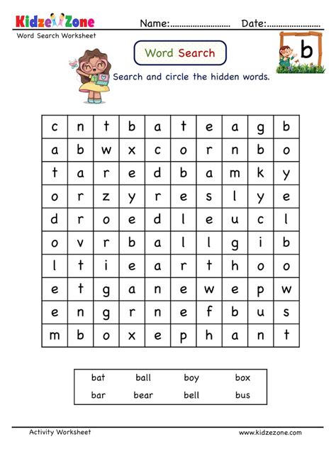Word Search Worksheet Letter B Words Kidzezone