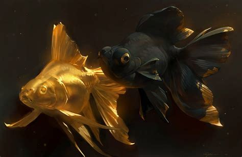 Two Gold Fish Swimming Side By Side In The Dark Water One Is Looking