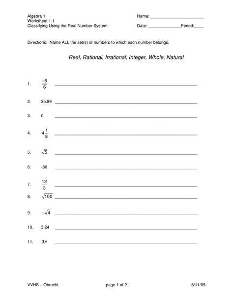 Sets Of Numbers In The Real Number System Worksheet Answers