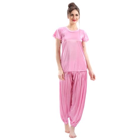 Buy Juliana Dream Light Pink Satin Nightwear Set Nighty Robe Top Dhoti Bra And Thong