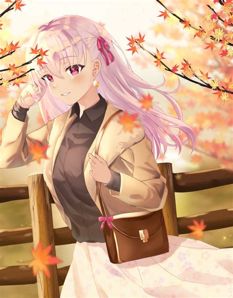 Safebooru 1girl Absurdres Autumn Leaves Bangs Blush Breasts Coat Contemporary Earrings Fate