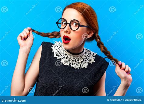 Surprised Girl In Glasses With Two Pigtails Stock Image Image Of
