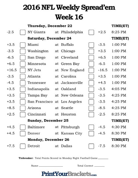 NFL Week 16 Pick Em Against The Spread Sheets Printable