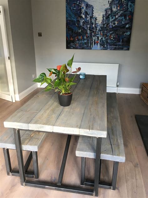 Bench style kitchen table sets allow a group to get a little closer, a little more cozy, while enjoying a meal. Industrial Style Reclaimed Wood Grey Washed Dining Table ...