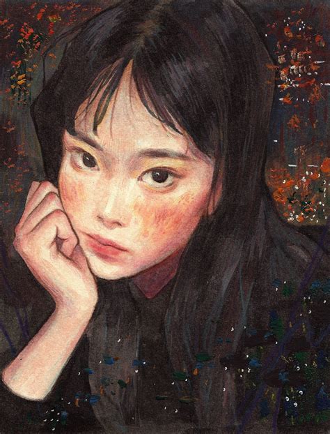 A Painting Of A Woman With Long Black Hair Wearing A Black Shirt And Holding Her Hand Near Her Face