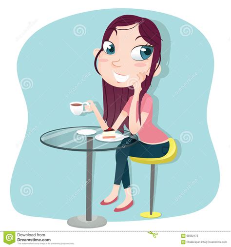 Girl Sitting Drinking Coffee With Cake Stock Vector