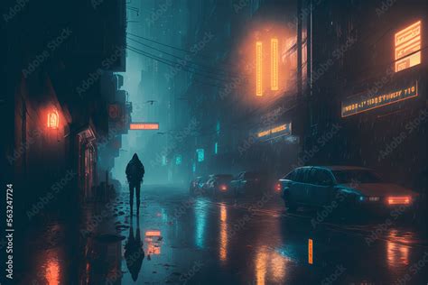 Moody City At Night Cyberpunk Japanese Streets Street Illustration