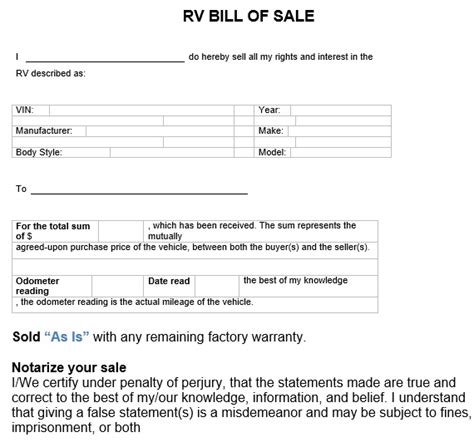 Free Recreational Vehicle Rv Bill Of Sale Forms Word Pdf