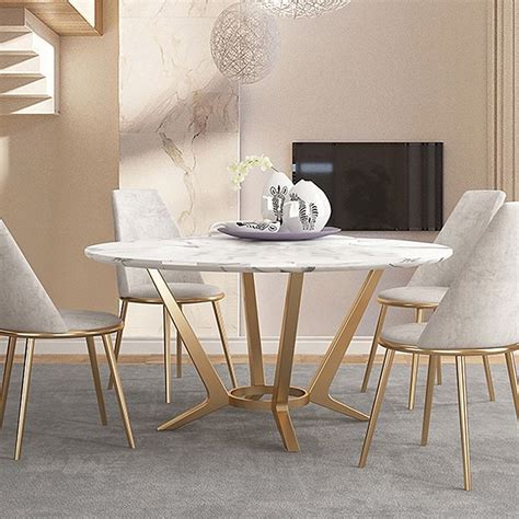 Modern Round White Marble Dining Table Golden Stainless Steel Frame In