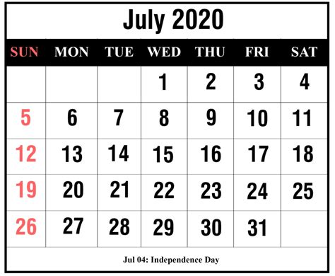 Calendar July 4 2020 Month Calendar Printable
