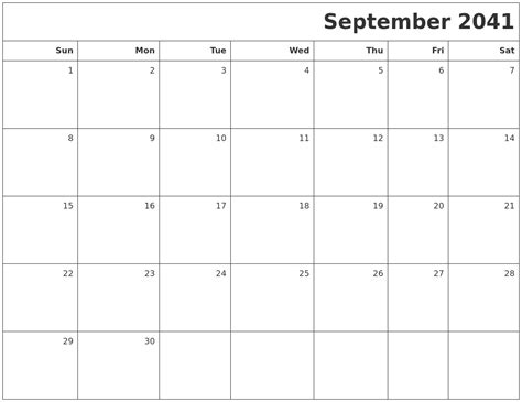 September 2041 Printable Blank Calendar