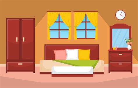 Dormitorio dormitorio dormitorio cama diseño interior ilustración casa moderna Vector Premium