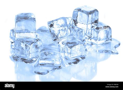 Cool Ice Cubes Melting On A White Reflective Surface Stock Photo Alamy