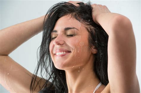 Woman Showering With Happy Smile And Water Splashing Stock Image Image Of Happy Adult