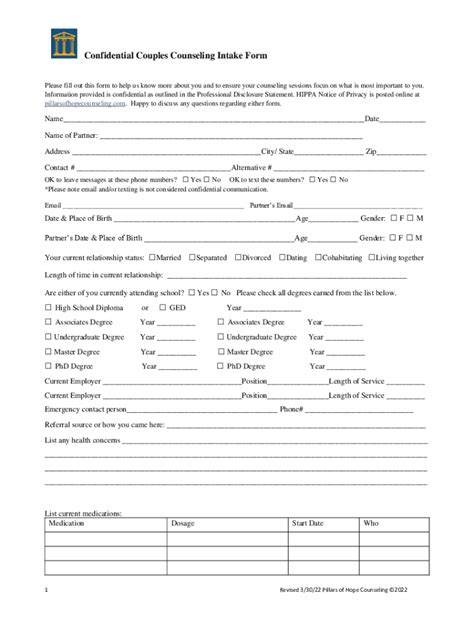 Fillable Online Confidential Couples Counseling Intake Form Fax Email Print Pdffiller