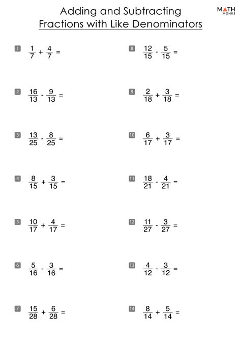 Adding Fractions With Like Denominators Worksheets Practice Sheets