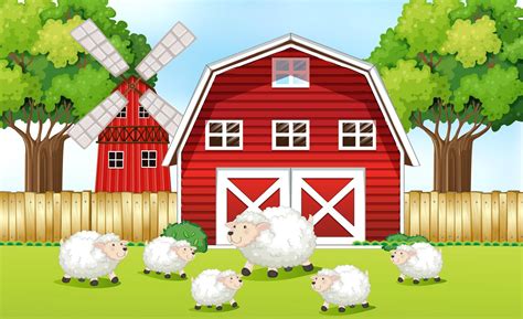Sheeps In The Farm With Red Barns 519900 Vector Art At Vecteezy