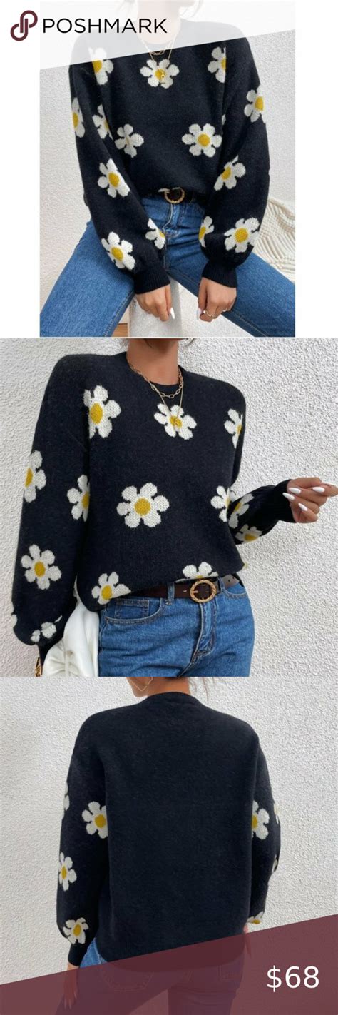 Daisy Flower Pattern Sweater Bishop Sleeve Pattern Sweater Plus