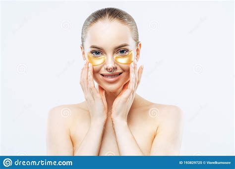 Personal Hygiene Beauty Wellness Concept Tender Smiling European Woman Touches Face Applies