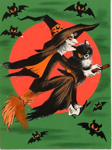 Vintage Norcross Halloween Greeting Card Witch Flying Over Moon Bats