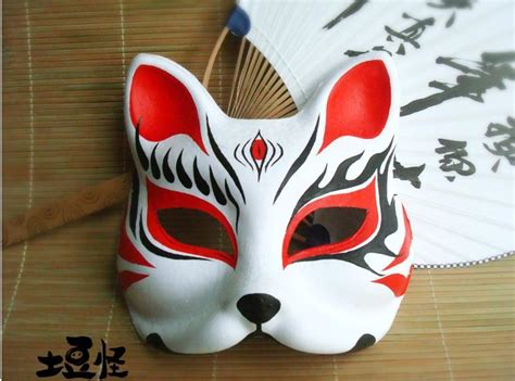 Hand Painted Upper Half Face Japanese Fox Mask Anime Black Flame Paper