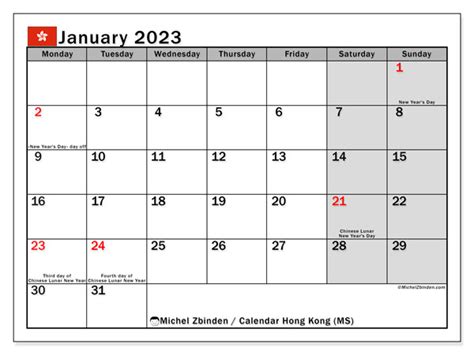 Calendar January 2023 Hong Kong Ms Michel Zbinden Hk
