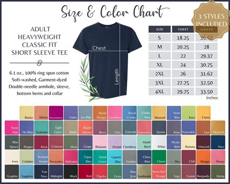 Comfort Colors 1717 Color Chart Comfort Colors 1717 Size And Etsy