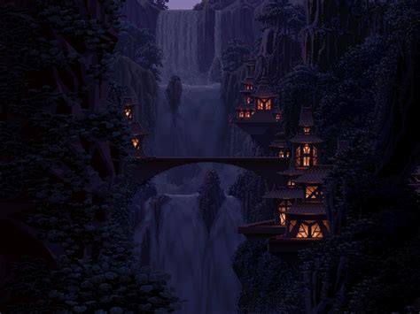 Wallpaper Pixel Art Valley Houses Waterfall Game Landscape