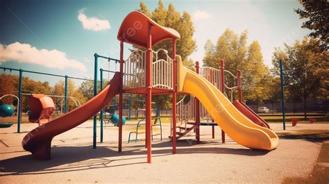 Colorful Playground Set With Colorful Slides In The Park Background