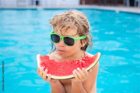 Child Eating Watermelon Near Swimming Pool During Summer Holidays Kids