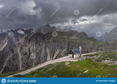 Panorama Of Dolomites Mountains Italy Cloudscape Green Stock Photo