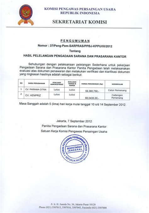 Hasil Pelelangan Pengadaan Sarana Dan Prasarana Kantor Komisi