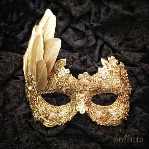 Sequined Gold Masquerade Mask With Rhinestones And Feathers Etsy Gold