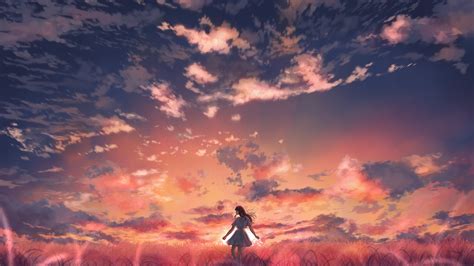 Download 3840x2160 Anime Sunset Anime Girl Orange Sky Field