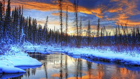 Snow Winter Mountains Trees River Sunset Wallpaper