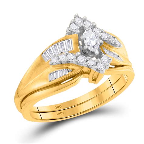Gnd 14kt Yellow Gold Womens Marquise Diamond Bridal Wedding Engagement Ring Band Set 12 Cttw