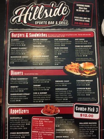 Sports bar in glendale, az featuring a full restaurant menu, 95 televisions, sports memorabilia, race betting, patio seating and happy hour specials. Menu - Picture of Hillside Sports Bar & Grill, Monticello ...