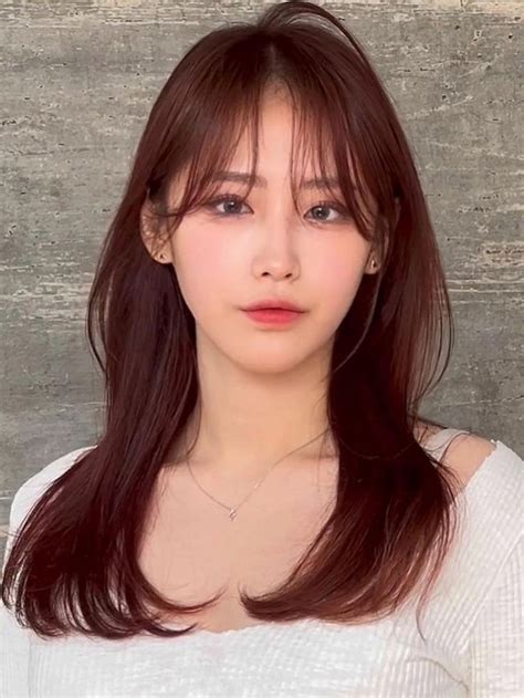 Korean Red Brown Hair Color Medium Length Layered Cut With Wispy Bangs