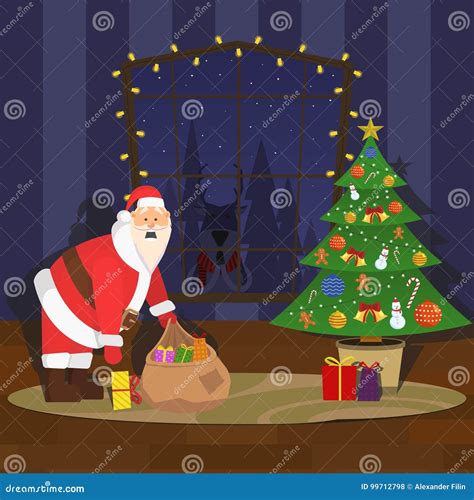 Santa Claus Puts Ts Under The Tree Stock Vector Illustration Of Branch Fright 99712798