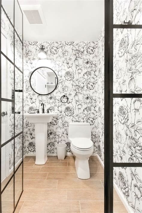 Black And White Floral Wallpaper Bathroom Vanity Style Bathroom