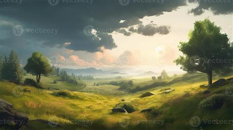 Meadow Fantasy Backdrop Concept Art Realistic Illustration Background