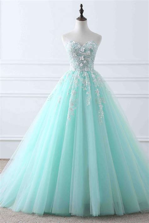 Light Blue Tulle Applique Sweetheart Lace Up Ball Gown Dresses From